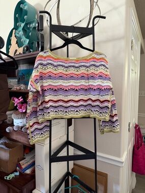POL Multicolor Chevron Crochet Scoop-Neck Sweater